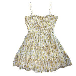 Altar'd‎ State Lemon Print Smocked Tiered Mini Dress White Yellow Womens Medium